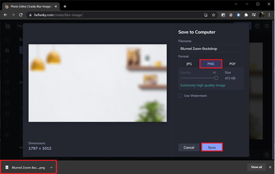 Befunky Save to Computer erscheint. So verwischen Sie den Hintergrund in Zoom unter Windows 10