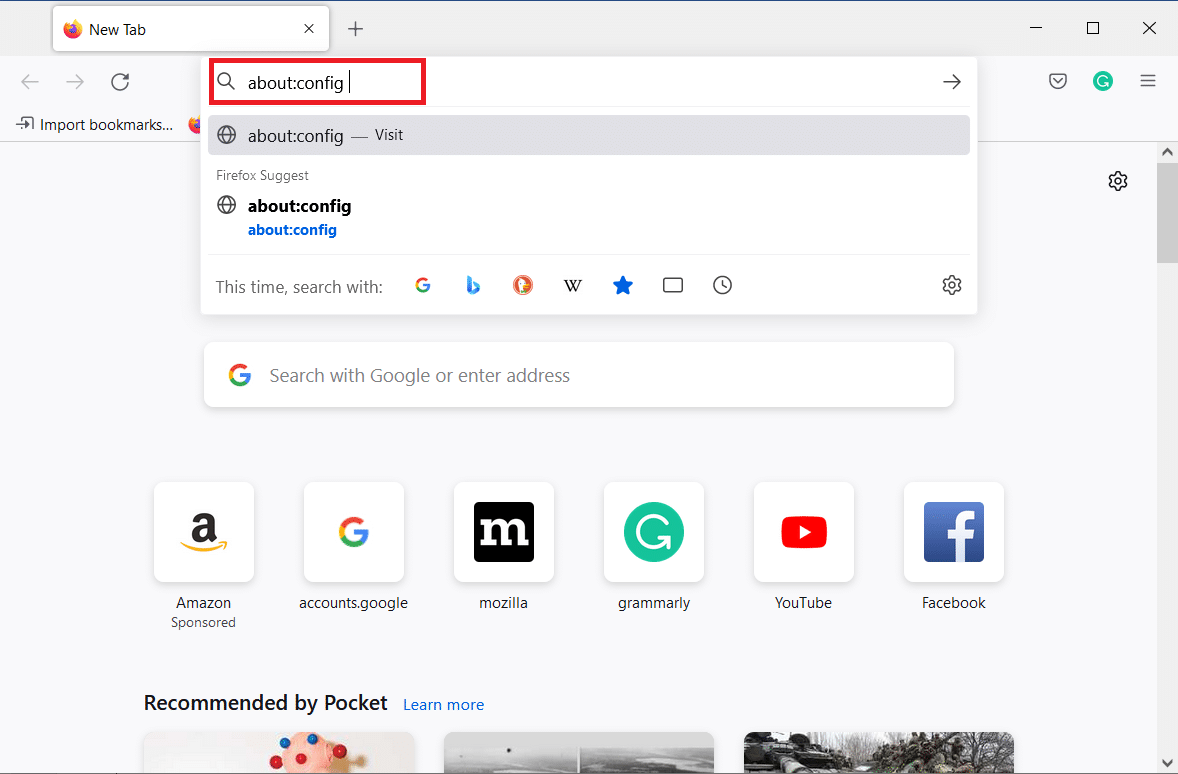 เปิด Firefox แล้วพิมพ์ config ในแถบที่อยู่