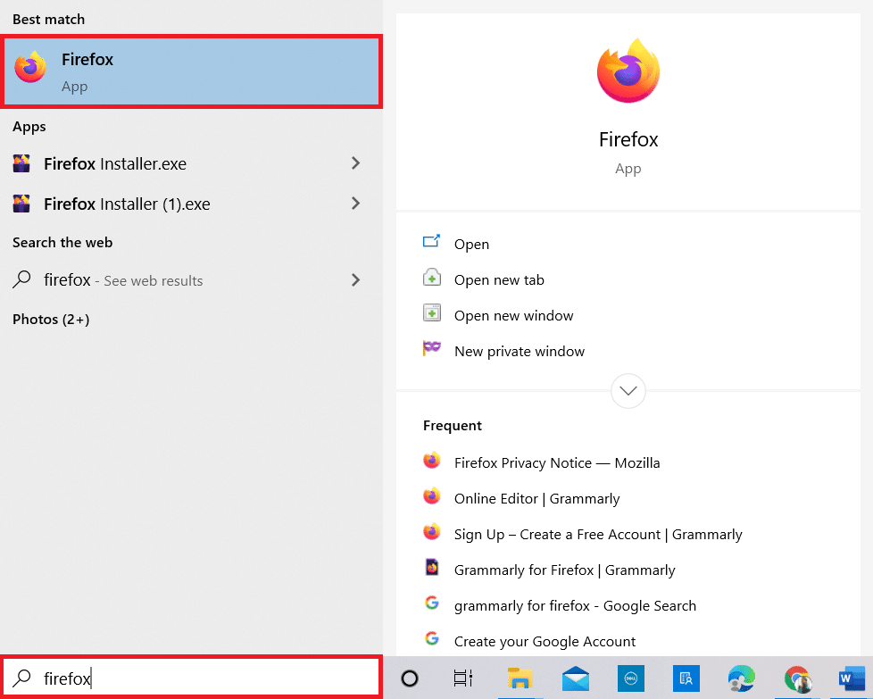 กดปุ่ม Windows พิมพ์ Firefox และเปิดขึ้น แก้ไข Firefox คลิกขวาไม่ทำงาน
