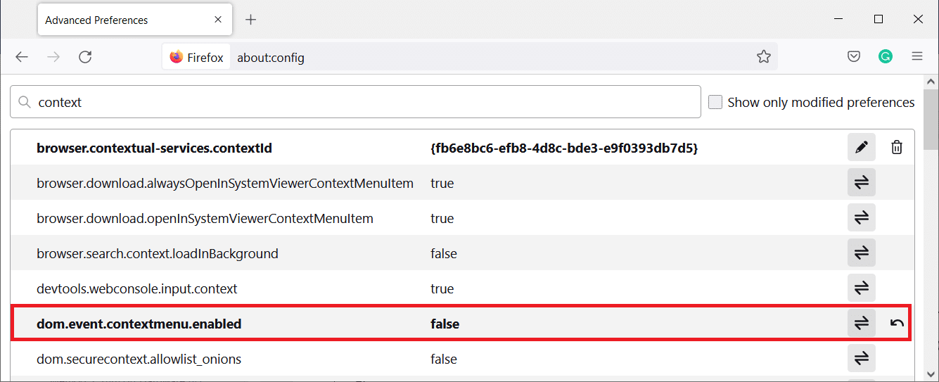 ดับเบิลคลิกที่การตั้งค่าเพื่อตั้งค่าเป็นเท็จ แก้ไข Firefox คลิกขวาไม่ทำงาน