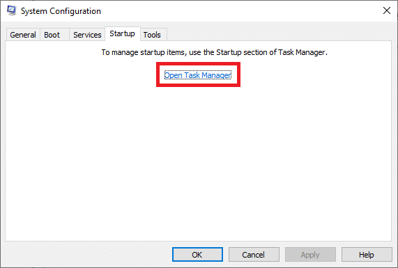 สลับไปที่แท็บ Startup และคลิกลิงก์เพื่อ Open Task Manager