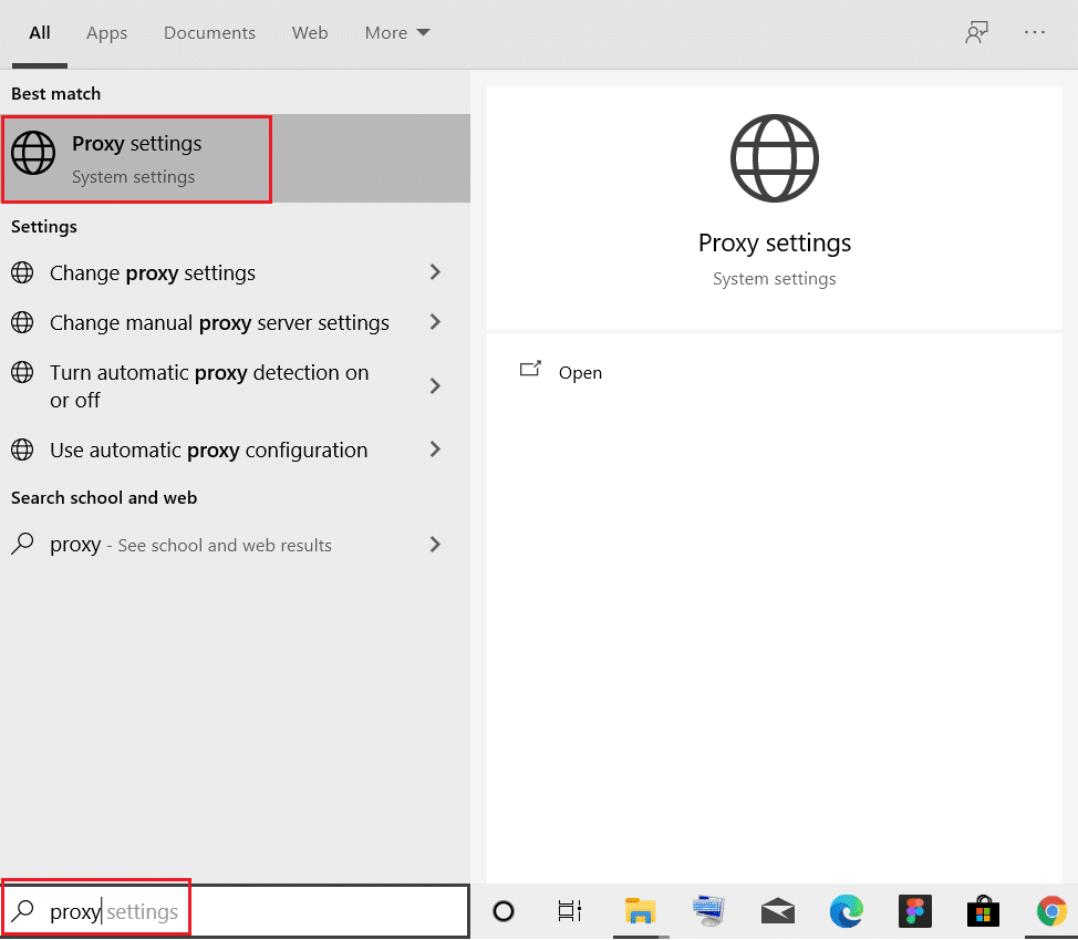 ค้นหาพรอกซีและคลิกที่การตั้งค่าพร็อกซี แก้ไข ERR NETWORK CHANGED ใน Windows 10