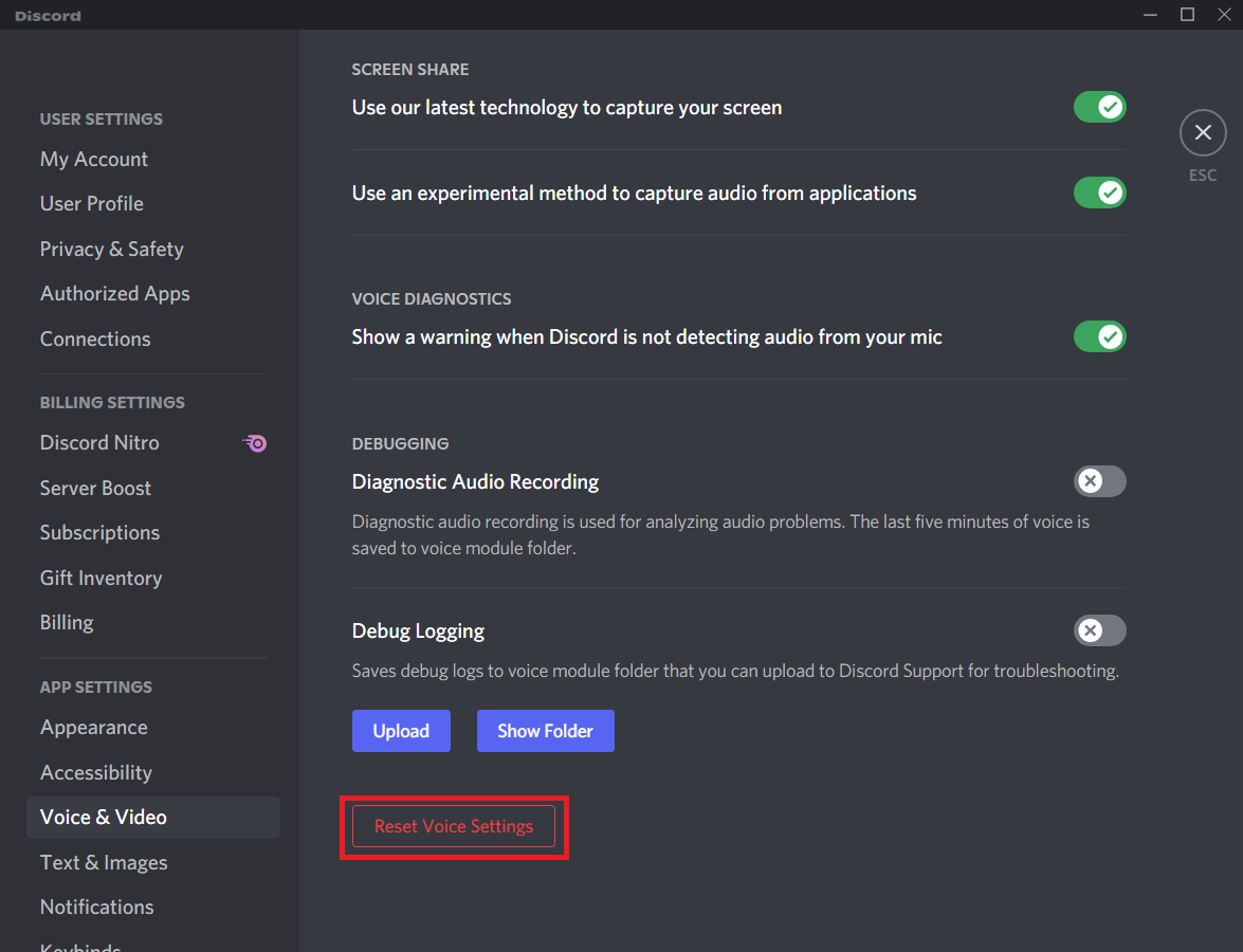 derulați în jos pe ecranul principal și faceți clic pe Resetare setări vocale. Cum să remediați Discord Screen Share Lag