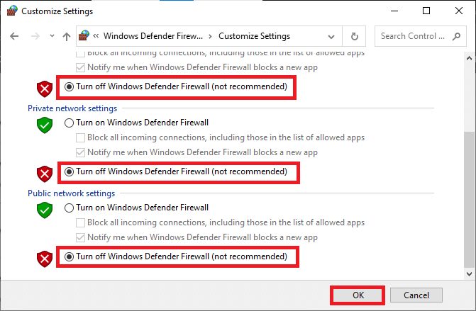 Acum, bifați casetele de lângă opțiunea Dezactivați paravanul de protecție Windows Defender. Cum să remediați Discord Screen Share Lag