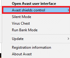 selectați opțiunea de control Avast shields. Remediați Discord care funcționează lent