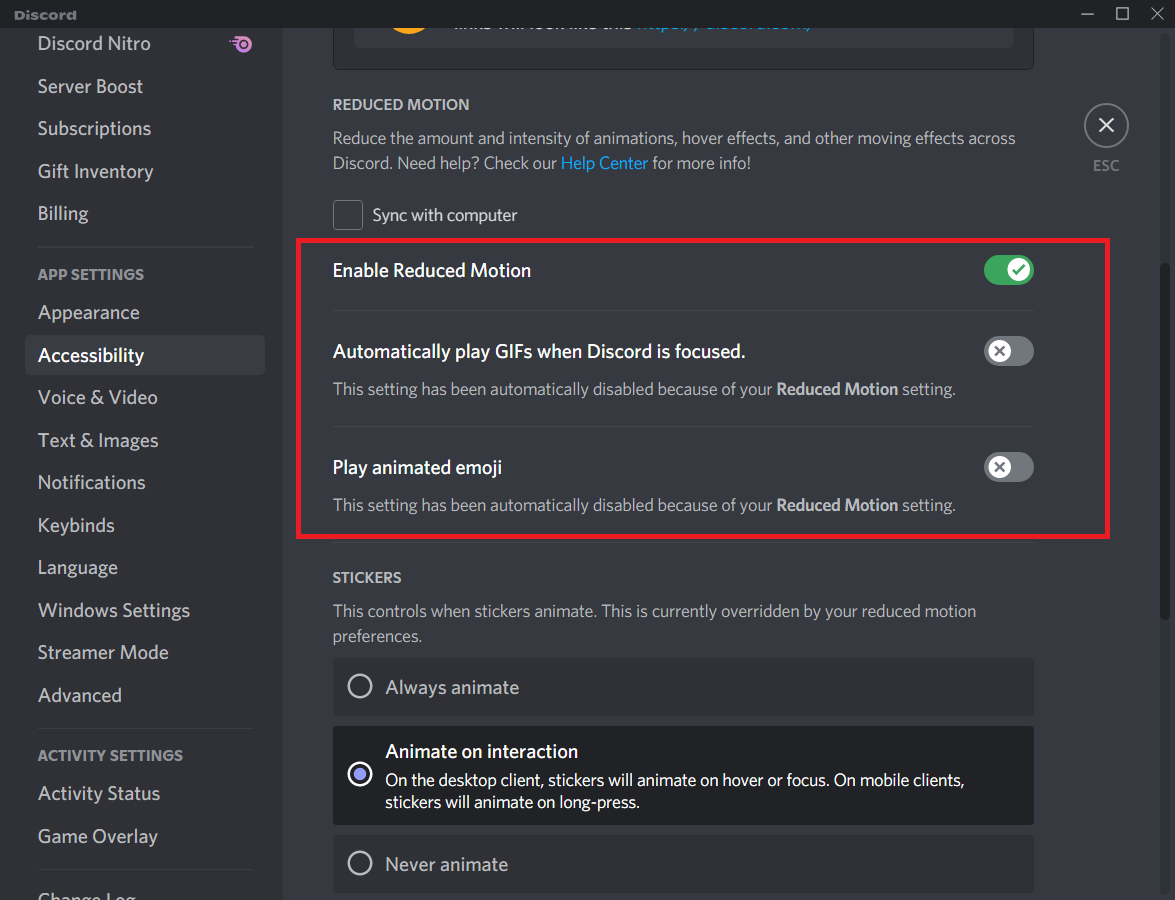 Activați opțiunea Activare mișcare redusă. Remediați Discord care funcționează lent