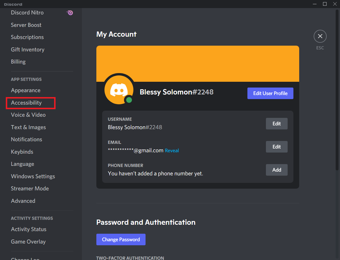 Accesați fila Accesibilitate. Cum să remediați Discord Screen Share Lag
