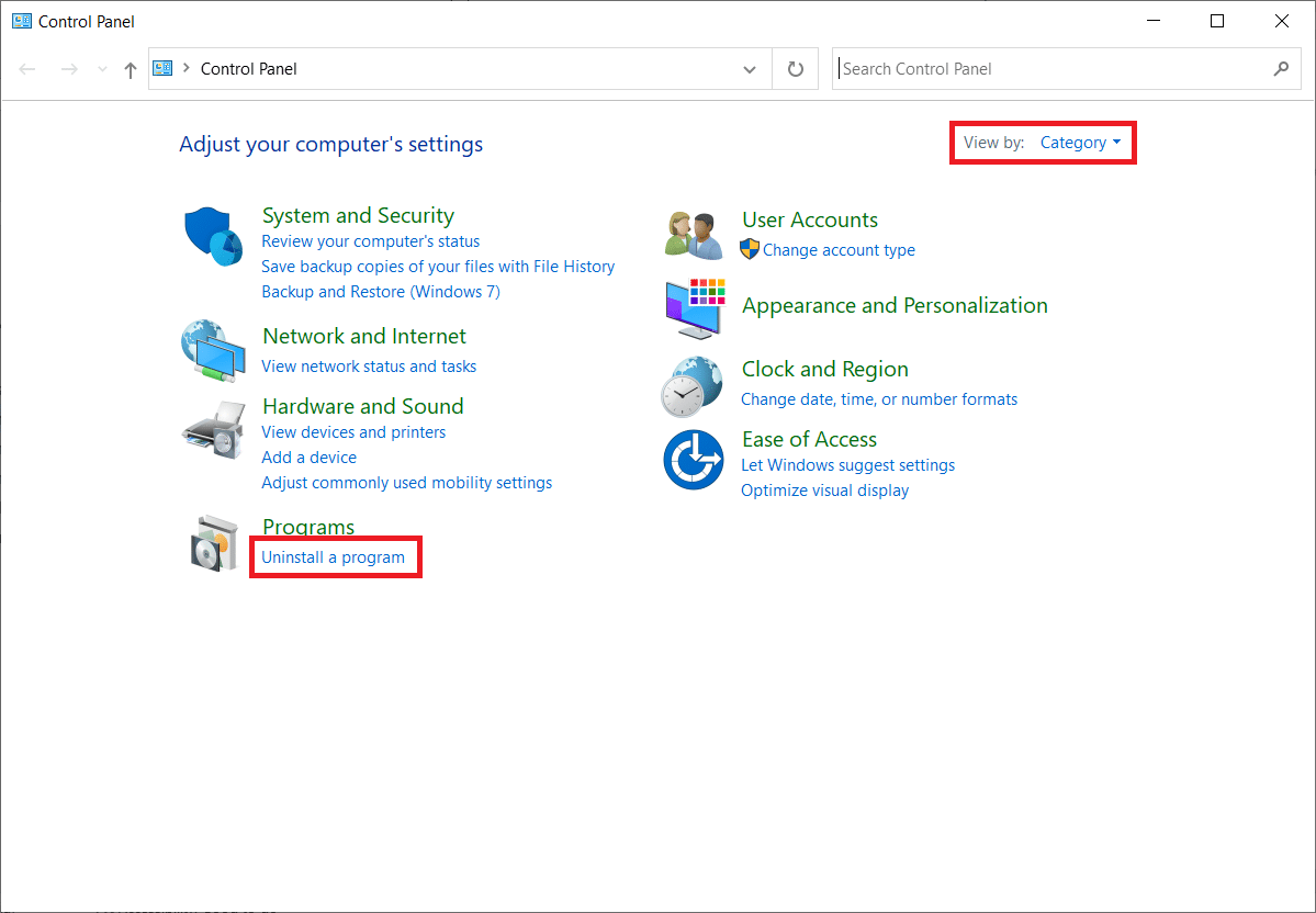 Legen Sie die Ansicht nach als Kategorie fest. Wählen Sie Programm deinstallieren. So deinstallieren Sie Chromium Windows 10
