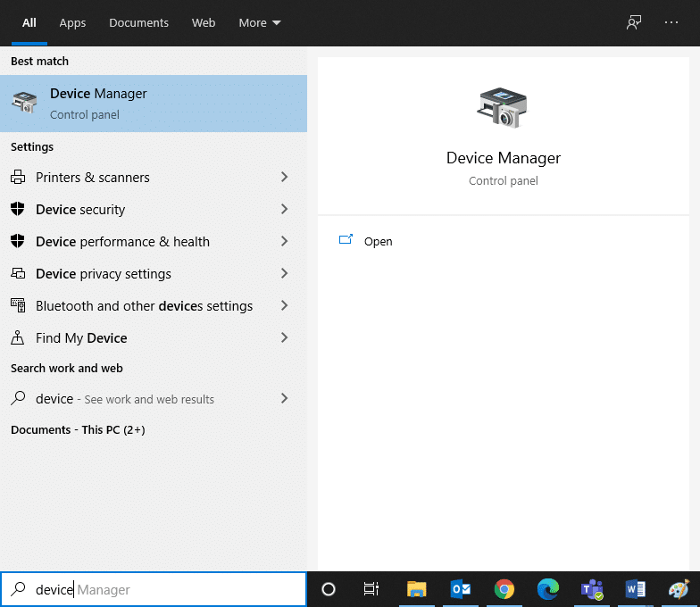 Wpisz Menedżer urządzeń w menu wyszukiwania systemu Windows 10.