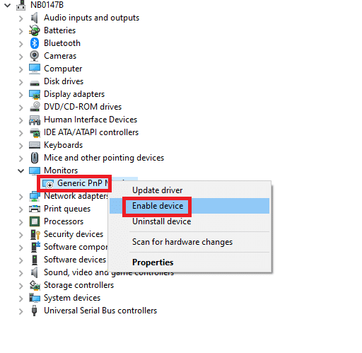 Kliknij prawym przyciskiem myszy ogólny monitor PnP i wybierz opcję Włącz. Napraw jasność systemu Windows 10 nie działa