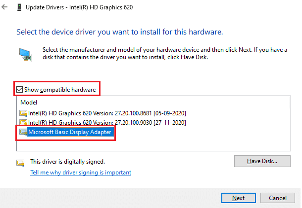 Upewnij się, że zaznaczyłeś pole Pokaż kompatybilny sprzęt i kliknij Microsoft Basic Display Adapter