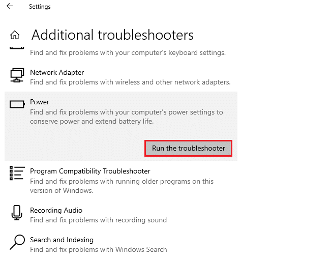 Teraz wybierz Zasilanie i uruchom narzędzie do rozwiązywania problemów. Napraw jasność systemu Windows 10 nie działa