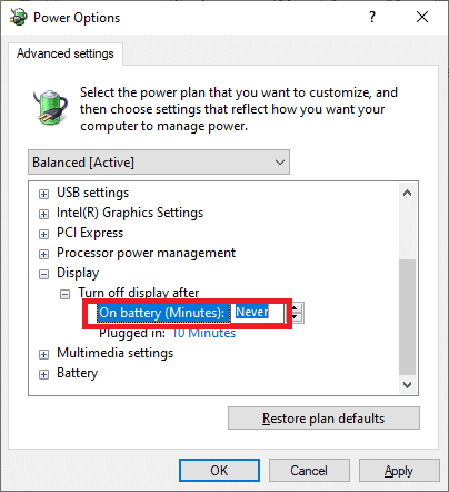 Kliknij Na baterii. Napraw jasność systemu Windows 10 nie działa
