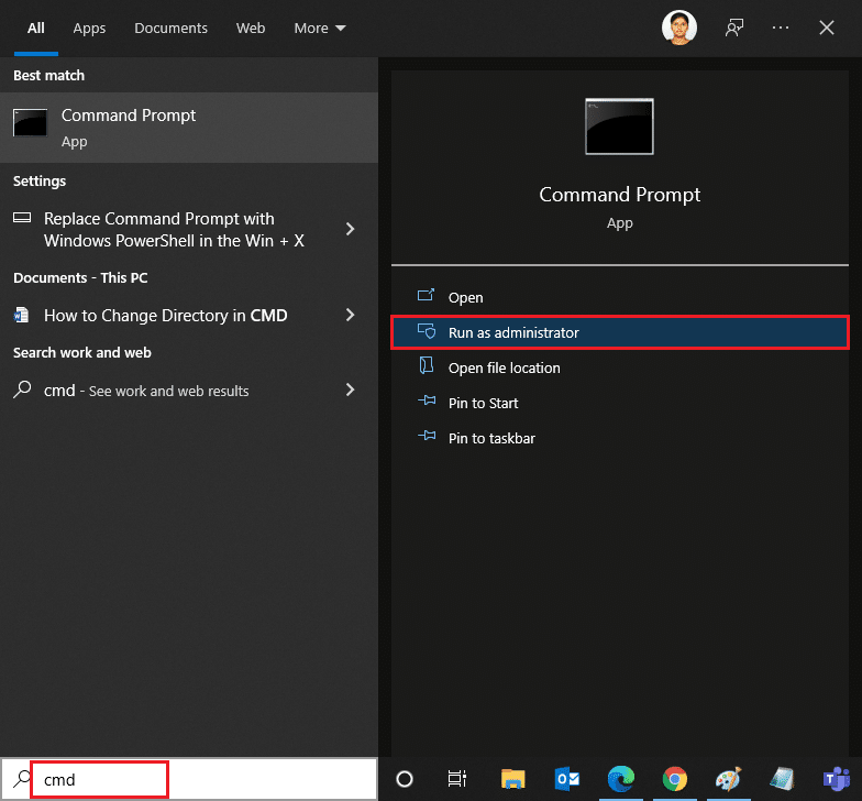 abra el símbolo del sistema como administrador. Reparar No hay cámaras conectadas en Windows 10