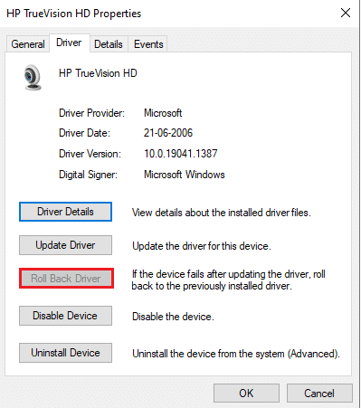 Pestaña del controlador con Revertir controlador resaltado. Reparar No hay cámaras conectadas en Windows 10