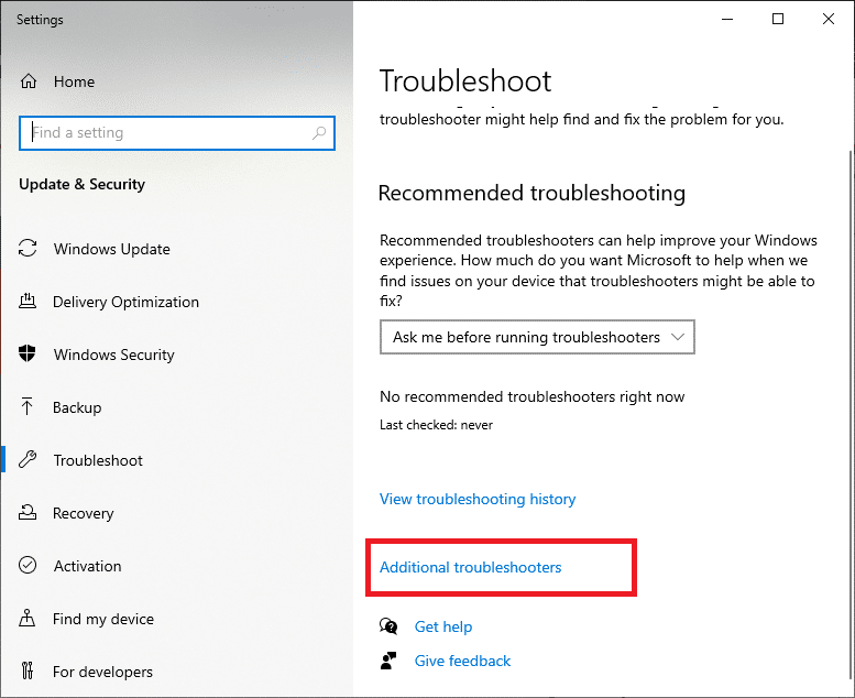 Ventana de solución de problemas. Solucionadores de problemas adicionales resaltados. Reparar No hay cámaras conectadas en Windows 10