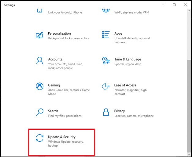 Aparecerá la pantalla de configuración de Windows. Seleccione Actualización y seguridad.