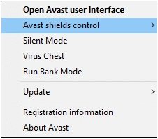Opción de control de escudos Avast.