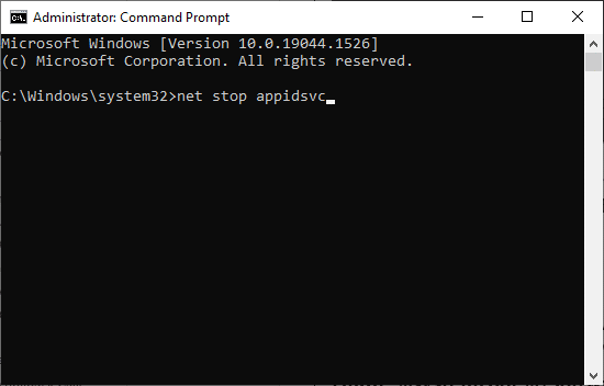 Símbolo del sistema con el comando net stop appidsvc.
