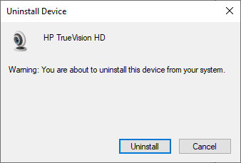 Mensaje de advertencia para confirmar la desinstalación. Reparar No hay cámaras conectadas en Windows 10