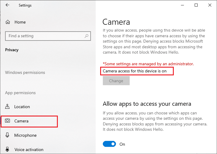 Ventana de configuración con la opción de cámara seleccionada. Reparar No hay cámaras conectadas en Windows 10