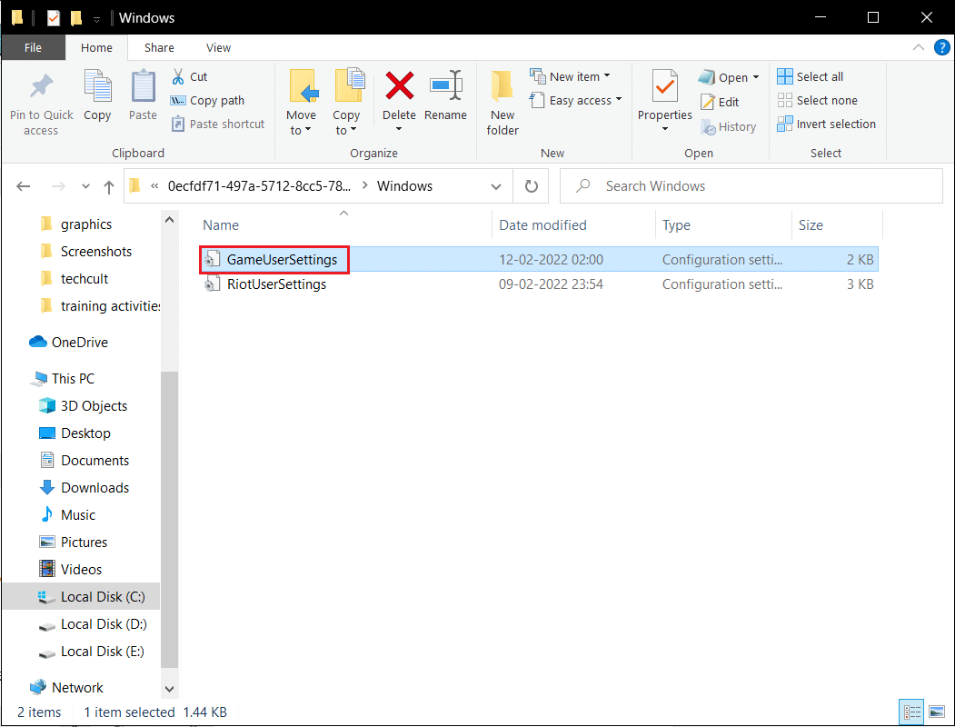 เปิดไฟล์ข้อความ GameUserSettings ใน Windows config บันทึกโฟลเดอร์ appdata ในพื้นที่ของ Valorant