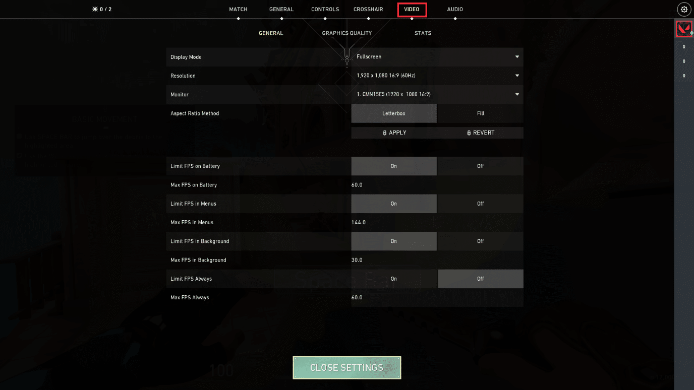 เปิดหน้าการตั้งค่า เลือกแท็บวิดีโอจากแถบเมนูด้านบน วิธีแก้ไข Valorant FPS Drops
