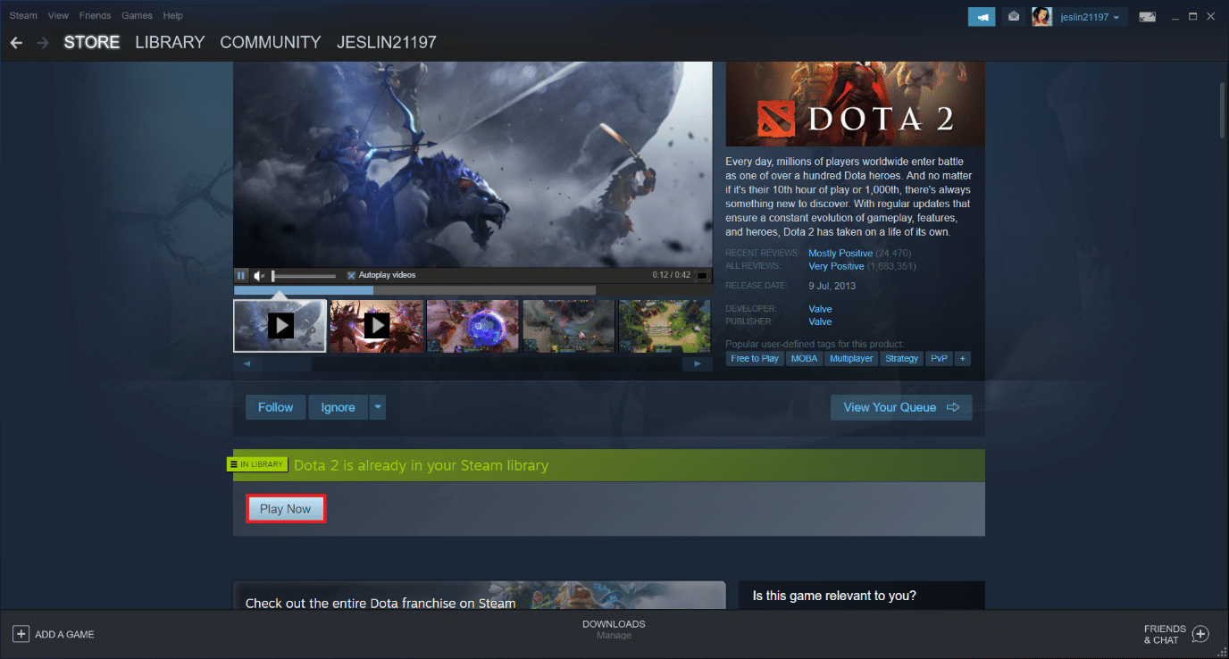 Kliknij Graj teraz, aby zainstalować grę. Napraw błąd zapisu dysku Dota 2