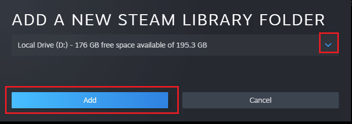 kliknij Dodaj, aby sfinalizować ścieżkę do Dodaj nowy folder biblioteki strumieniowej. Napraw błąd zapisu dysku Dota 2