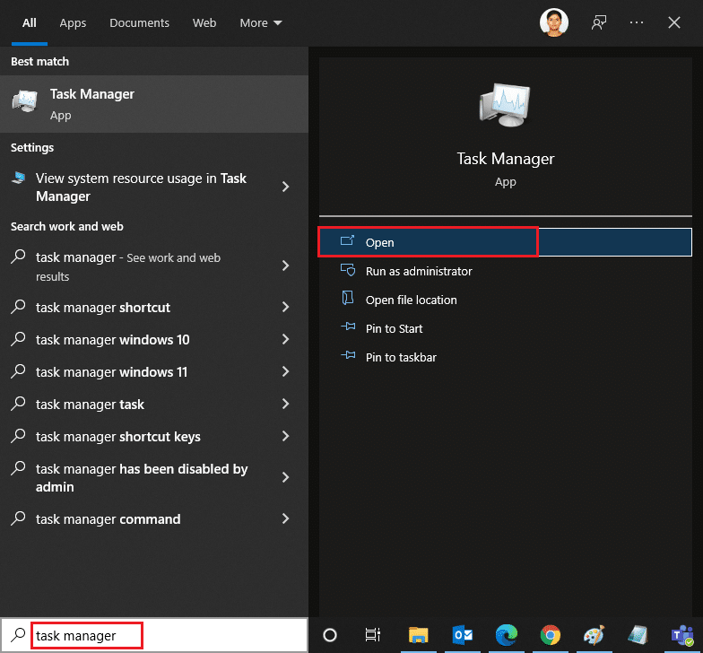 Avvia Task Manager digitandolo nel menu di ricerca.