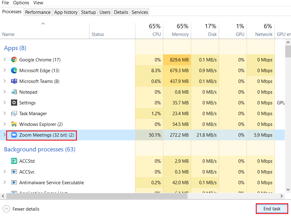 Seleziona il processo non necessario e fai clic su Termina attività in Task Manager. Risolto il problema con Zoom Impossibile collegare il codice di errore 5003
