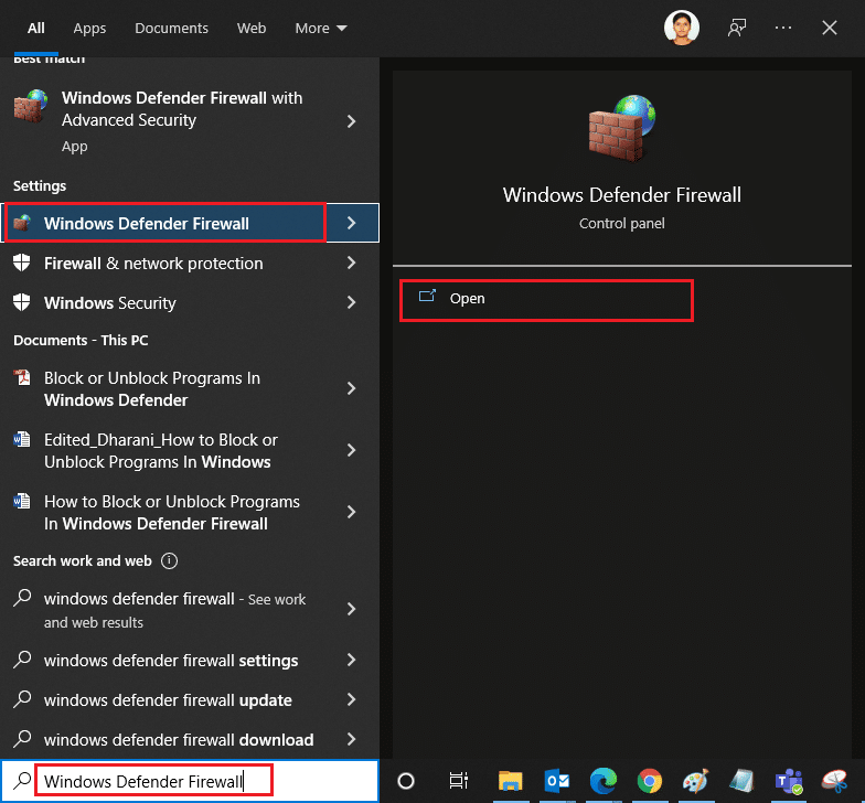 Premi il tasto Windows e digita Windows Defender Firewall e apri