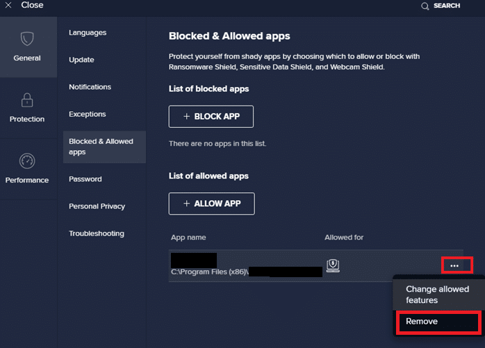 Se si desidera rimuovere il programma applicativo dalla whitelist di Avast, fare clic sull'icona con tre puntini nella finestra Impostazioni principale