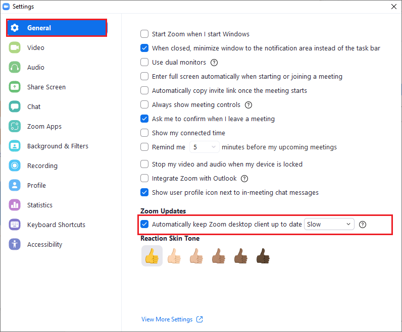 Puoi anche abilitare gli aggiornamenti automatici di Zoom selezionando l'opzione Mantieni aggiornato automaticamente il client desktop Zoom come illustrato.