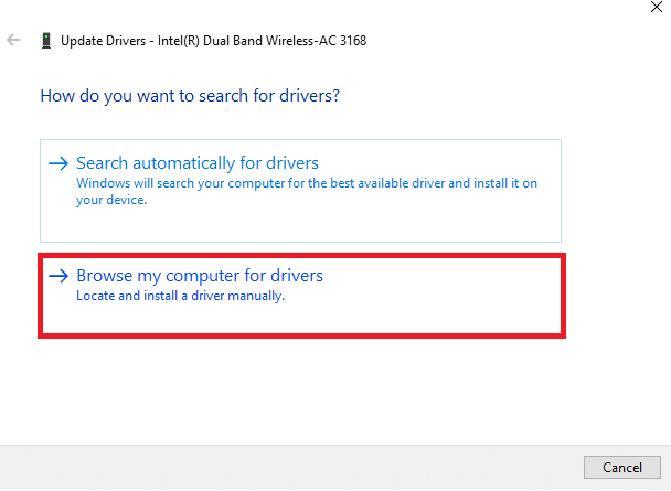 Ora, fai clic su Cerca i driver nel mio computer per individuare e installare manualmente un driver. Risolto il problema con Zoom Impossibile collegare il codice di errore 5003