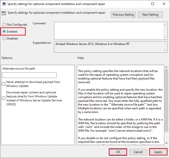 İsteğe bağlı bileşen kurulumu ve bileşen onarımı açılır penceresi için ayarları belirtin. Windows 10 Güncelleme 0x8007000d Hatasını Düzeltin
