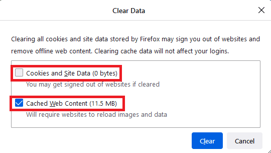 Çerezler ve Site Verileri kutusunun işaretini kaldırın ve Önbelleğe Alınmış Web İçeriği kutusunu işaretleyin. Netflix Hata Kodu UI3010 Nasıl Onarılır