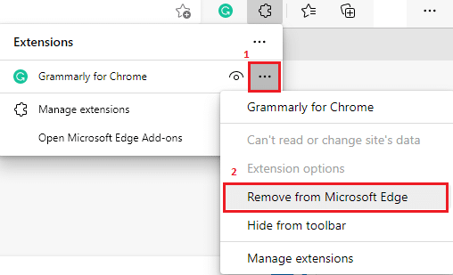 İlgili uzantıyı seçin ve gösterildiği gibi üç noktalı simgeye tıklayın. Şimdi, Microsoft Edge'den Kaldır seçeneğini seçin