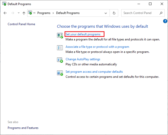 Ardından, Varsayılan programlarınızı ayarlayın bağlantısını tıklayın. Chrome'u Varsayılan Tarayıcı Olarak Değiştirme
