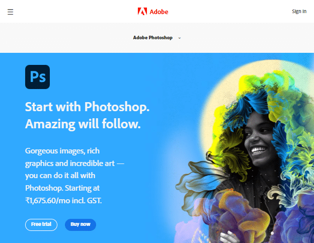 AdobePhotoshopのダウンロードページ