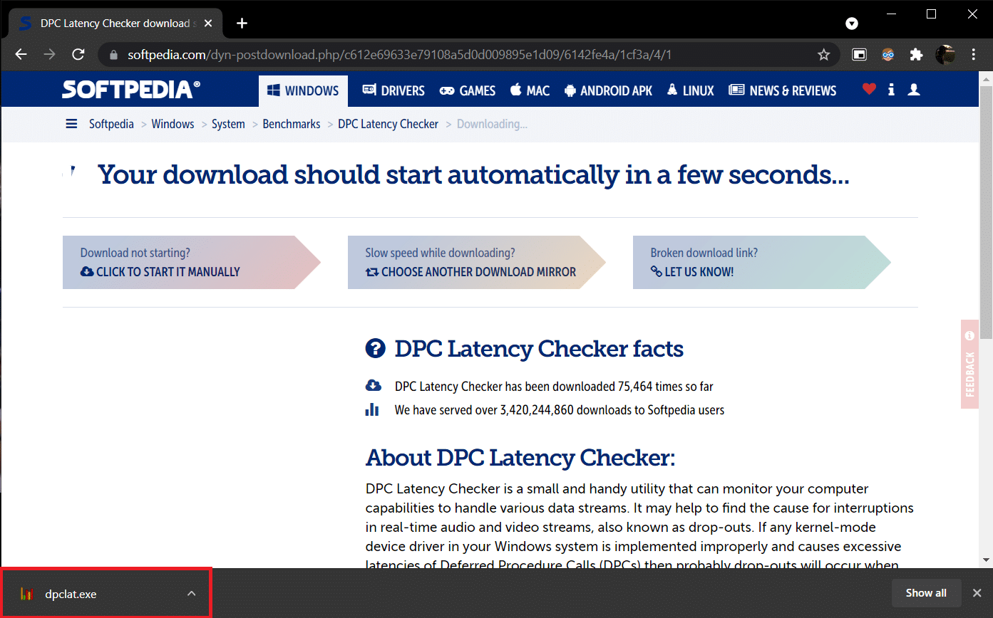 Softpedia의 DPC Latency Checker 1.4.0 다운로드 페이지. exe 파일이 다운로드됩니다.