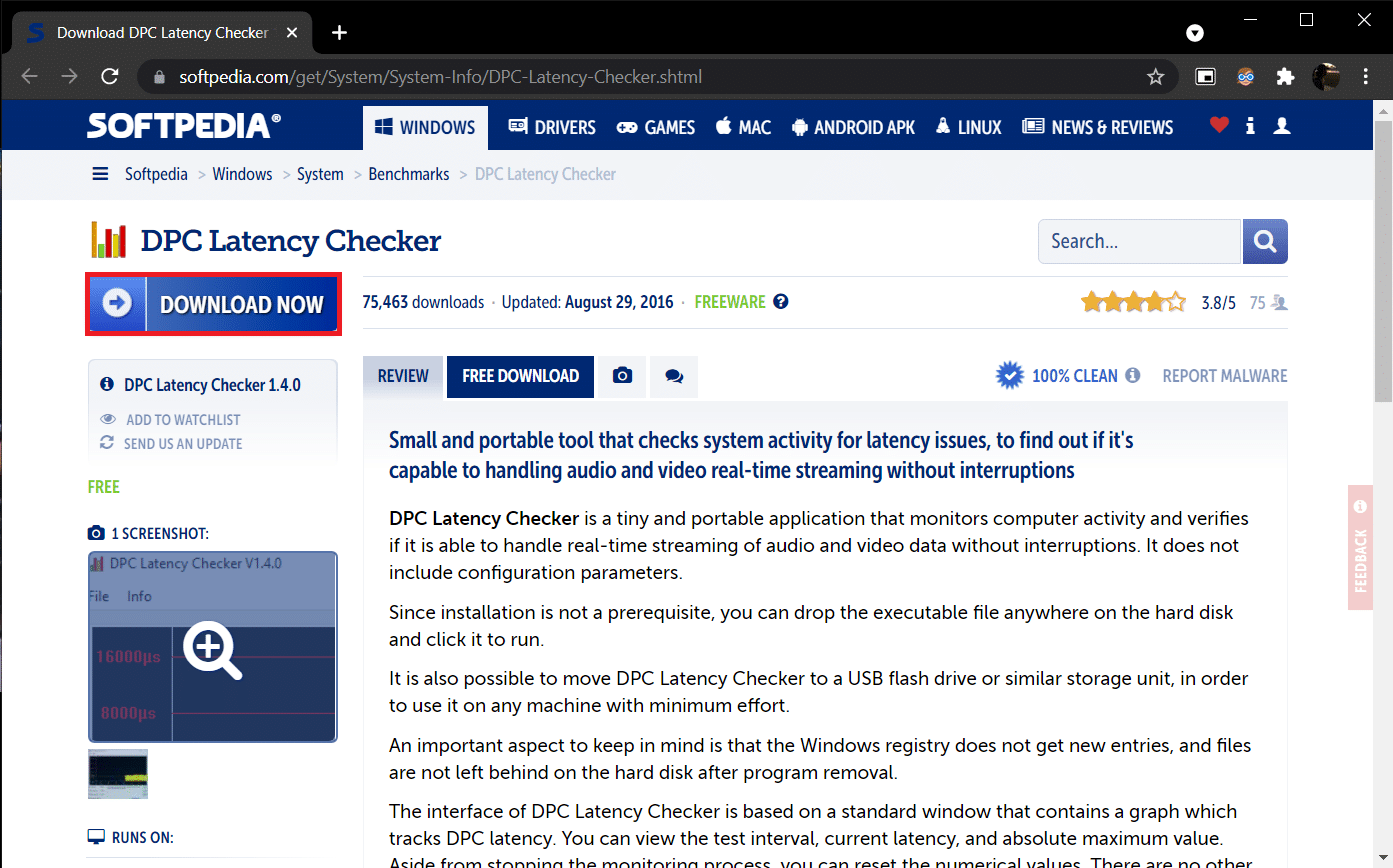 Softpedia의 DPC Latency Checker 1.4.0 다운로드 페이지.