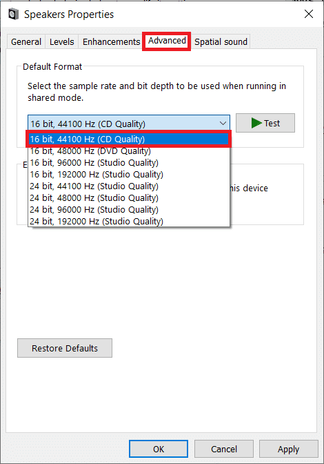 스피커 속성 고급 탭. Windows 10 오디오 딱딱거리는 소리 수정