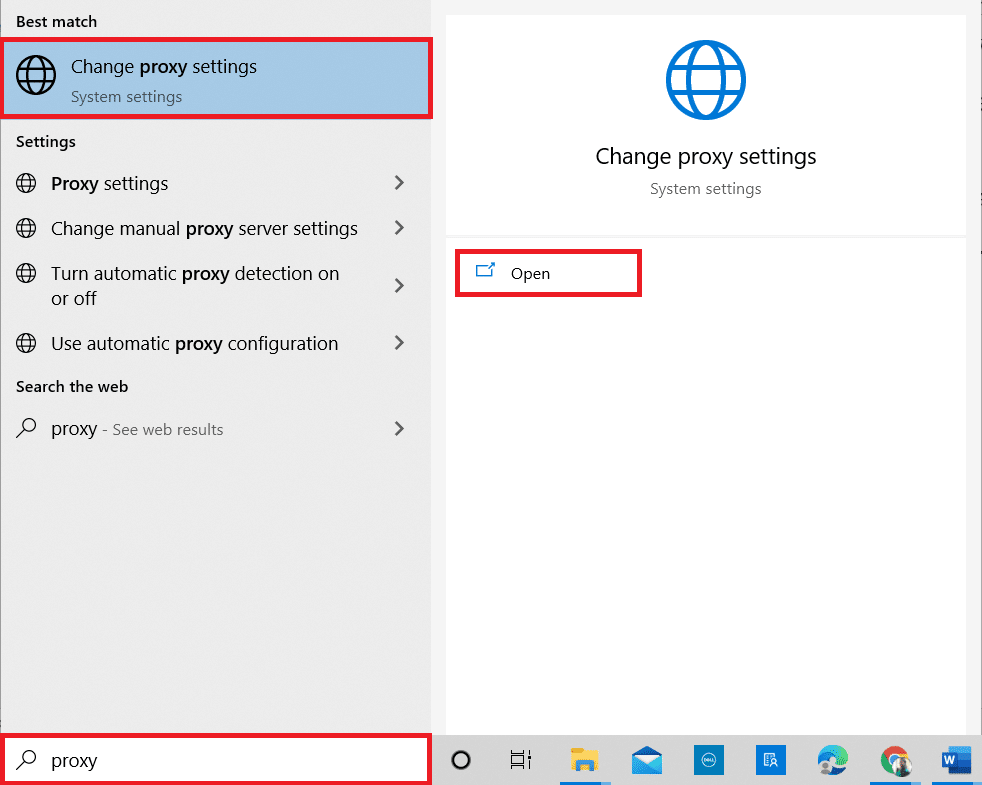 tekan tombol Windows dan ketik Proxy. Buka Ubah pengaturan proxy dari hasil pencarian. Perbaiki Kamera Tidak Bekerja di Tim