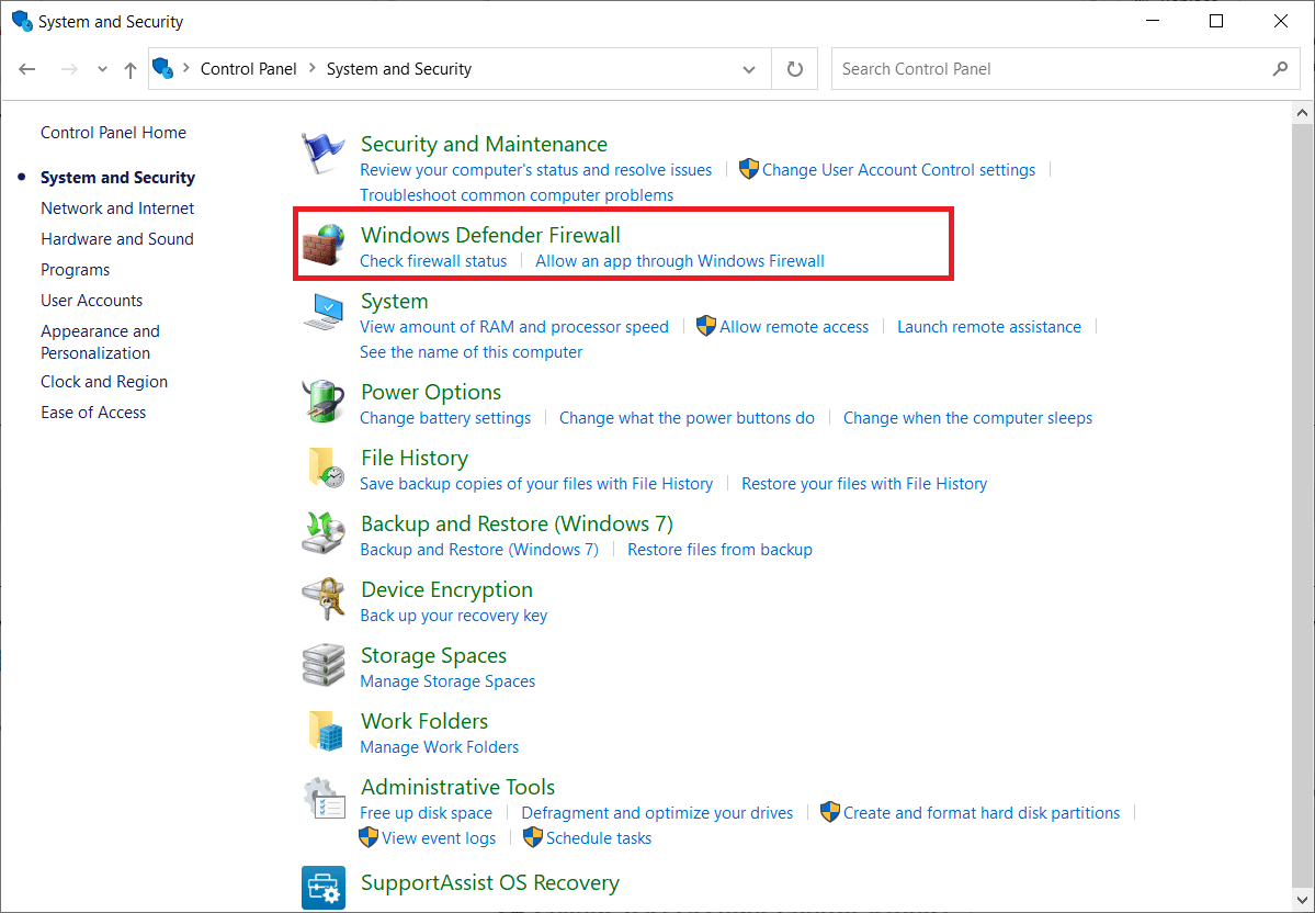 WindowsDefenderファイアウォールをクリックします。 MicrosoftTeamsのビデオ通話が機能しない問題を修正