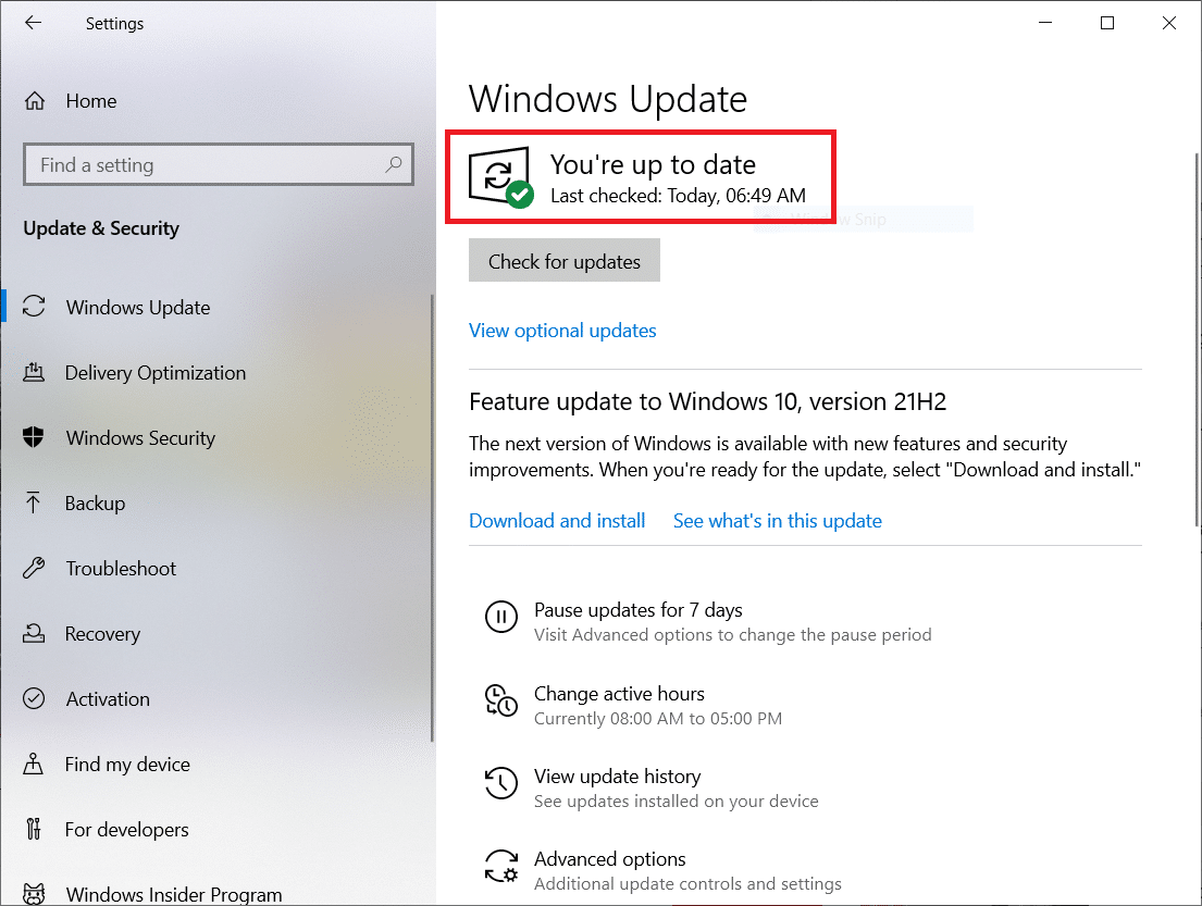 Windowsのバージョンがすでに最新の場合は、「最新です」というメッセージが表示されます。 MicrosoftTeamsのビデオ通話が機能しない問題を修正