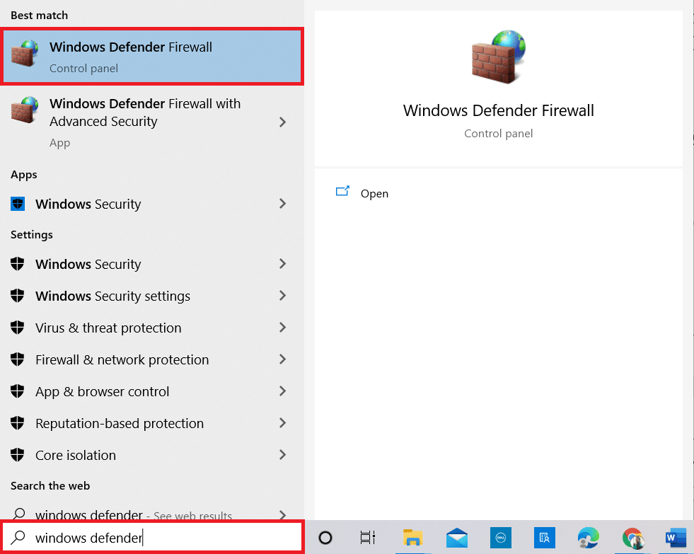Windowsキーを押して、「WindowsDefenderFirewall」と入力します。最高の結果を開く