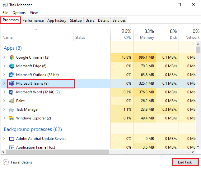 [プロセス]タブで、リストからMicrosoftTeamsを検索します。 MicrosoftTeamsのビデオ通話が機能しない問題を修正