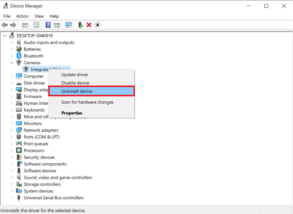 ドライバを右クリックして、[デバイスのアンインストール]オプションを選択します。 MicrosoftTeamsのビデオ通話が機能しない問題を修正