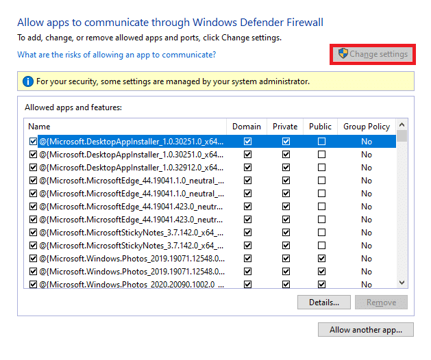 次に、[設定の変更]をクリックします。最後に、ファイアウォールの通過を許可するMicrosoftTeamsを確認します